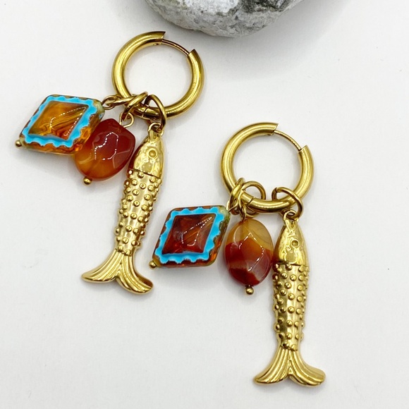 Free People Jewelry - NEW Gold Fish Charm Hoop Earrings